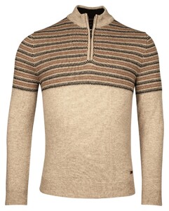 Baileys Half Zip Jacquard Top Stripe Design Single Knit Pullover Beige