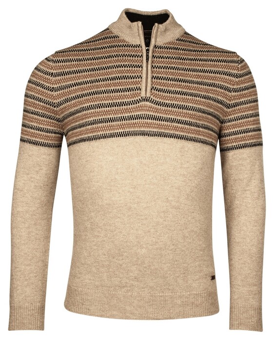 Baileys Half Zip Jacquard Top Stripe Design Single Knit Pullover Beige