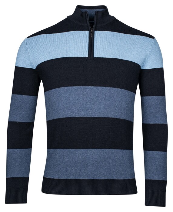 Baileys Half Zip Yarn Dyed Stripe Cotton Trui Midden Blauw