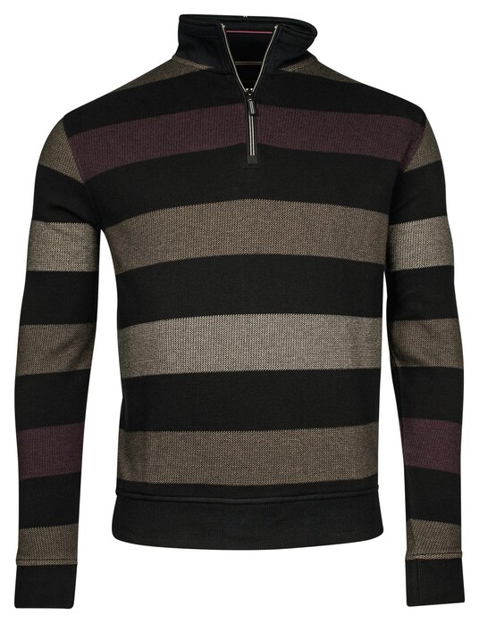 Baileys Sweat Half Zip Jacquard Piqué Yarn Dyed Stripes Pullover Light Aubergine-Beige