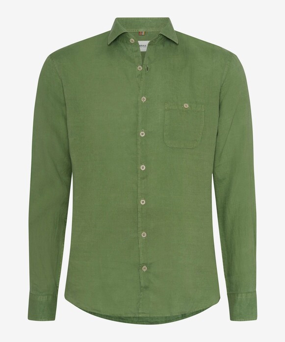 Brax Harold Uni Color Casual Linnen Overhemd Groene Thee