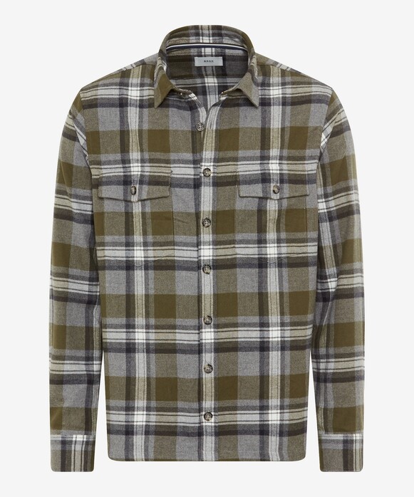 Brax Kay Bold Check Patch Breast Pockets Overshirt Olijf Groen