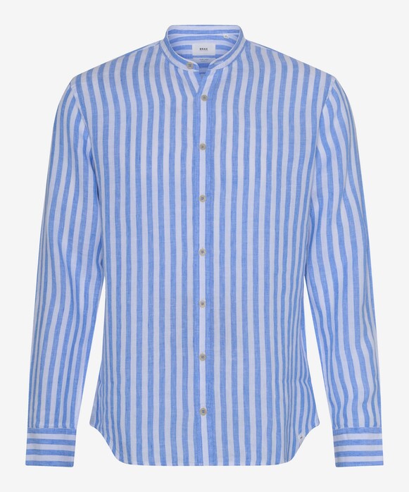 Brax Lars Pure Linen Stripe Stand-Up Collar Shirt Smooth Blue