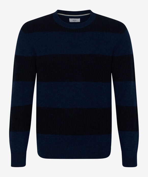 Brax Rick Block Stripe Crew Neck Knit Mouliné Finish Pullover Dark Navy