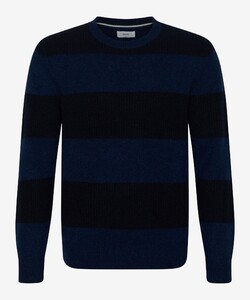 Brax Rick Block Stripe Crew Neck Knit Mouliné Finish Trui Dark Navy