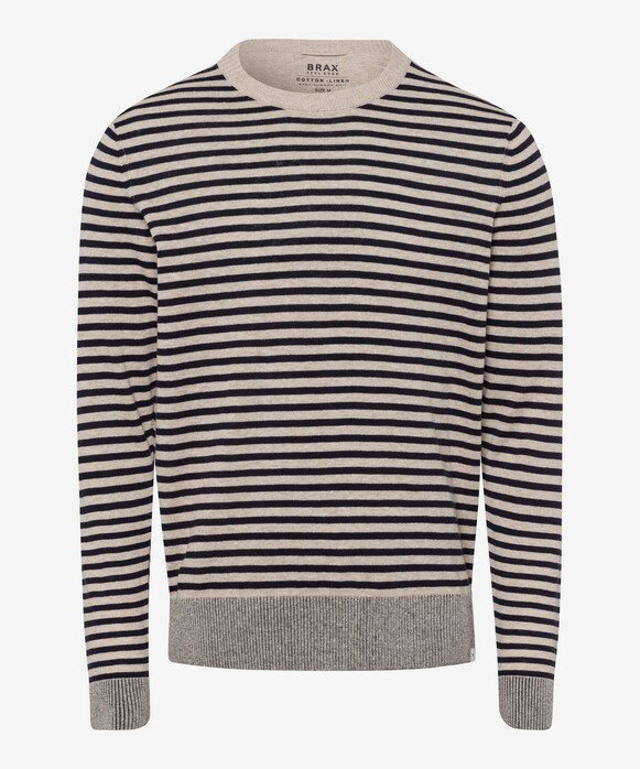 Brax Rick Light Cotton Linnen Blend Crew Neck Allover Stripe Trui Cosy Linen