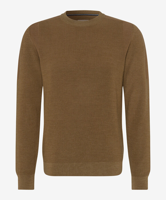 Brax Roy Half-Cardigan Stitch Knit Crew Neck Pullover Camel