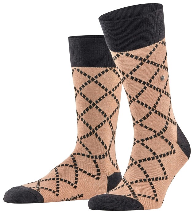 Burlington Ferry Road Fantasy Check Pattern Sokken Camel