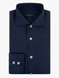 Cavallaro Napoli Firento Uni Color Linnen Overhemd Donker Blauw