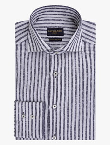 Cavallaro Napoli Tarente Linnen Blend Stripe Overhemd Donker Blauw-Wit