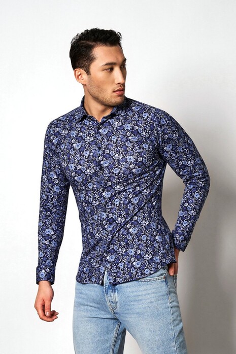 Desoto Bold Blooming Floral Pattern Shirt Blue