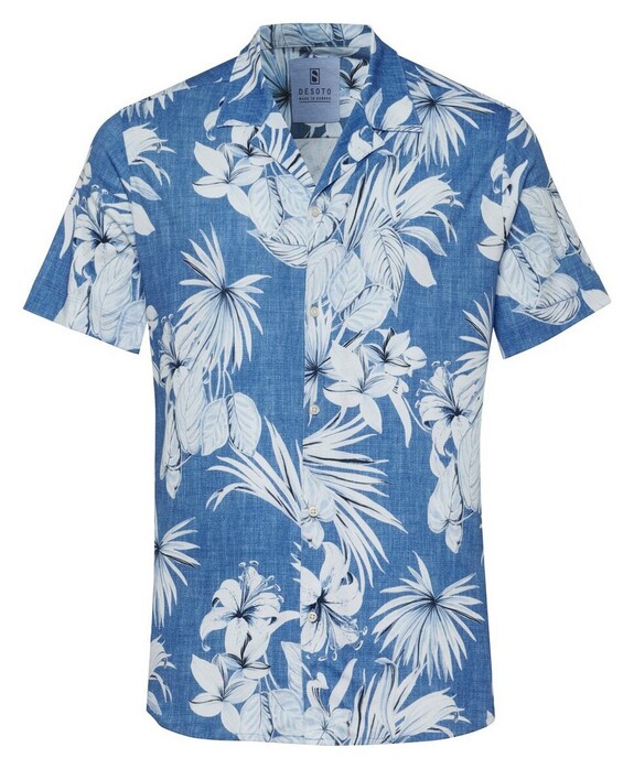 Desoto Hawaiian Flower Short Sleeve Lido Collar Overhemd Blauw