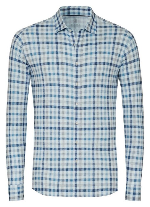 Desoto Linen Look Checks Shirt Blauw-Zand