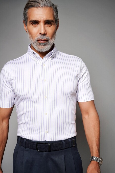 Desoto Luxury Fine Stripe Button Down Overhemd Wit-Lichtpaars
