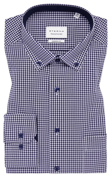 Eterna Check Non-Iron Cotton Poplin Extra Sleeve Length Shirt Navy