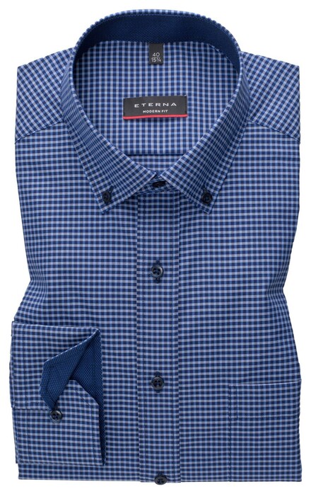 Eterna Check Poplin Cotton Non-Iron Modern Button-Down Overhemd Blauw