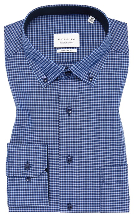 Eterna Checked Poplin Non-Iron Classic Button-Down Overhemd Donker Blauw