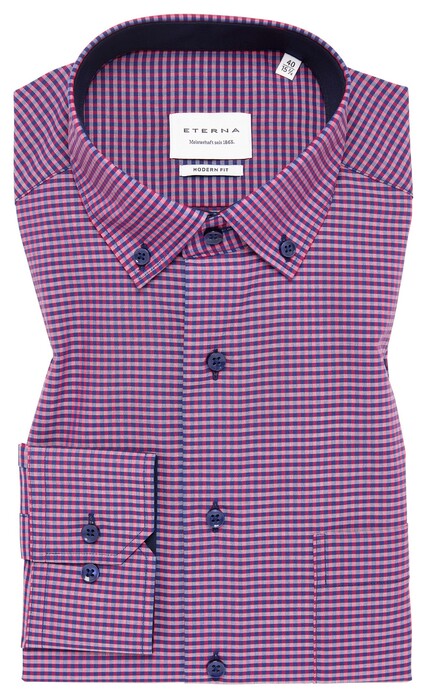 Eterna Checked Poplin Non-Iron Classic Button-Down Overhemd Sunset Red