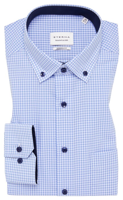 Eterna Checked Poplin Non-Iron Classic Button-Down Shirt Light Blue