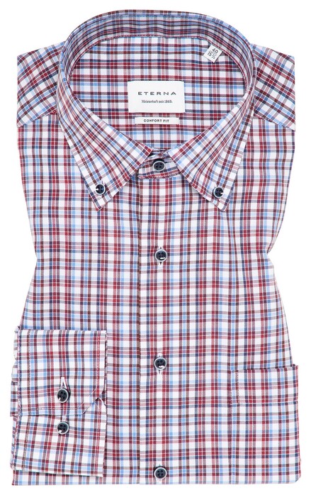 Eterna Fine Check Cotton Non-Iron Button-Down Overhemd Rood-Blauw