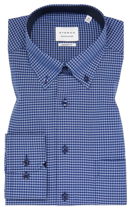 Eterna Fine Check Pattern Poplin Cotton Non-Iron Overhemd Donker Blauw