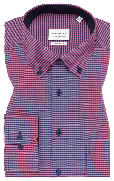 Eterna Fine Check Pattern Poplin Cotton Non-Iron Shirt Sunset Red