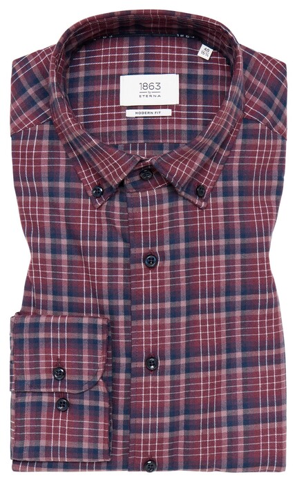 Eterna Premium 1863 Flanel Check Classic Button-Down Easy-Iron Overhemd Wijnrood