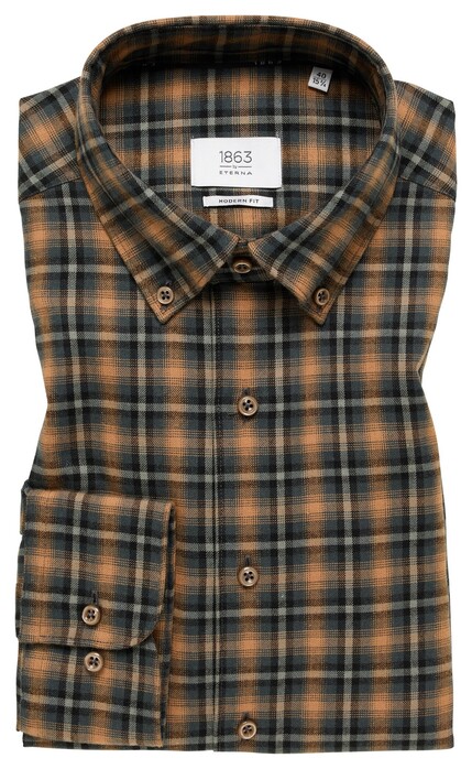 Eterna Premium 1863 Flanel Check Mini Button-Down Overhemd Zwart-Bruin