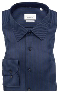 Eterna Striped Cotton Twill Non-Iron Shirt Navy