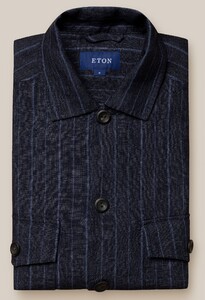 Eton Albini Striped Linen Twill Horn Effect Buttons Overshirt Dark Navy