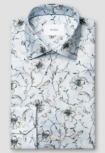 Eton Allover Floral Pattern Organic Cotton Signature Twill Overhemd Licht Blauw