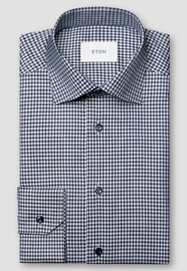 Eton Allover Gingham Check Soft Cotton Tencel Overhemd Navy