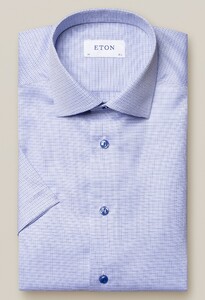 Eton Blue Micro Checks Signature Twill Shirt Overhemd Midden Blauw