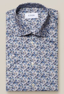 Eton Blue Stained Floral Signature Twill Shirt Overhemd Midden Blauw