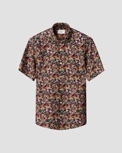 Eton Bold Colorful Vibrant Floral Mosaic Pattern Linnen Short Sleeve Overhemd Dark Navy-Multicolor