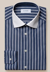 Eton Bold Striped White Collar Fine Poplin Shirt Blue