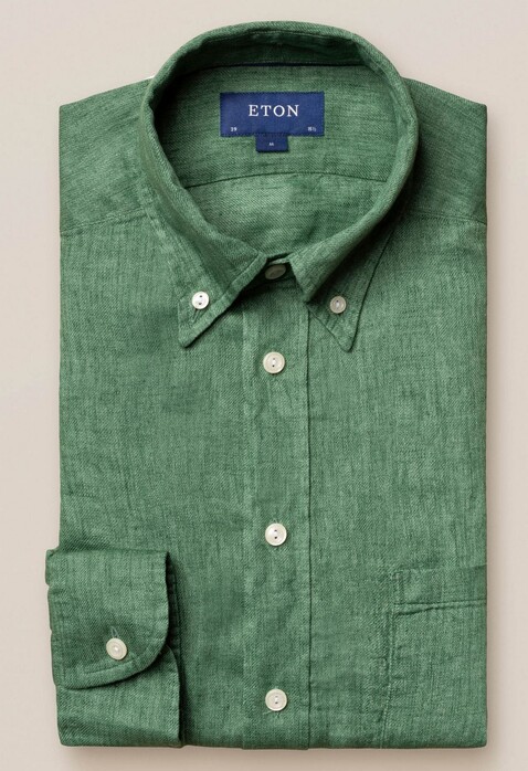 Eton Button Down Linen Shirt Dark Green Melange