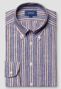 Eton Button Down Linen Striped Shirt Navy-Brown