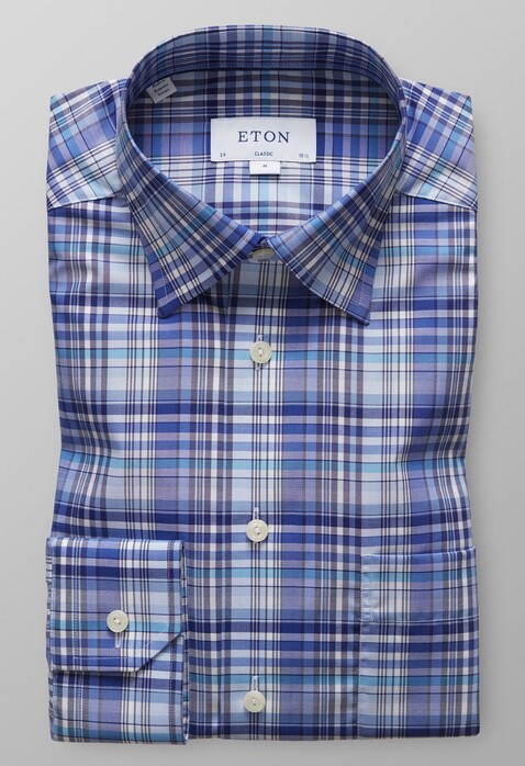 Eton Button Under Check Shirt Deep Blue Melange