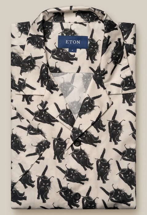 Eton Casual Twill Short Sleeve Black Cat Fantasy Pattern Overhemd Zwart