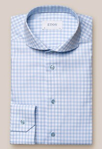 Eton Check Pattern Fine Twill Overhemd Licht Blauw