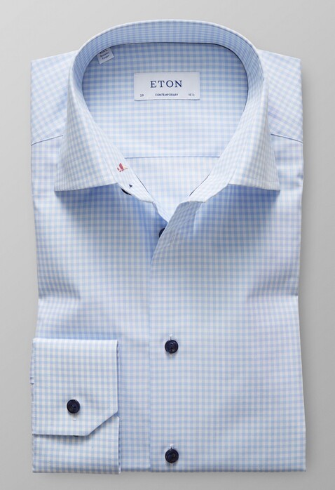 Eton Check Poplin Embroidery Shirt Light Blue