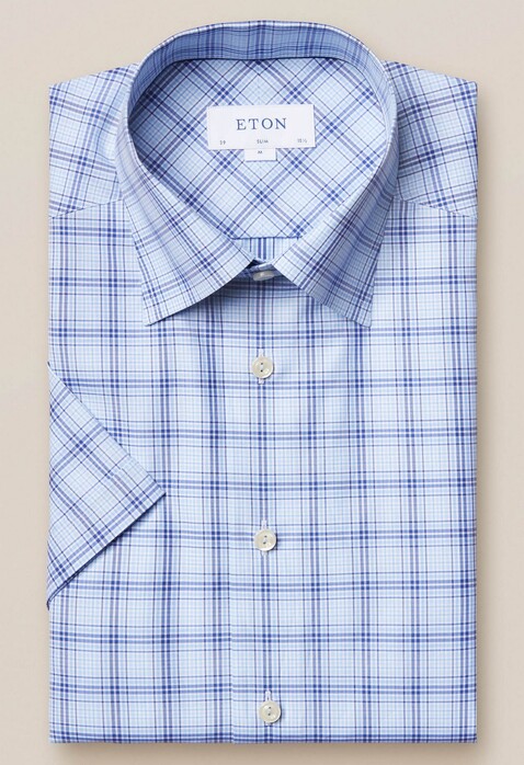Eton Check Short Sleeve Overhemd Licht Blauw