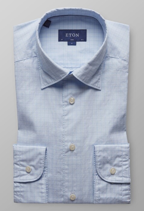 Eton Checked Lightweight Twill Shirt Light Blue