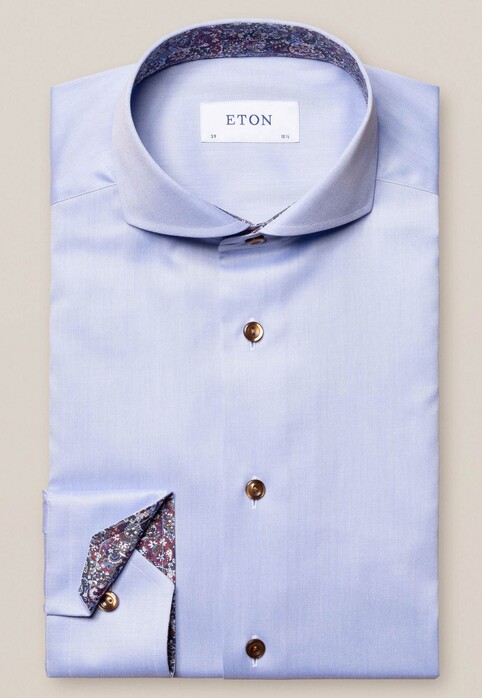 Eton Contrast Button Paisley Detail Overhemd Licht Blauw