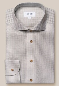 Eton Cotton Linen Double Check Mother of Pearl Buttons Shirt Brown