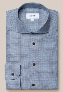 Eton Cotton Linen Double Check Mother of Pearl Buttons Shirt Dark Evening Blue