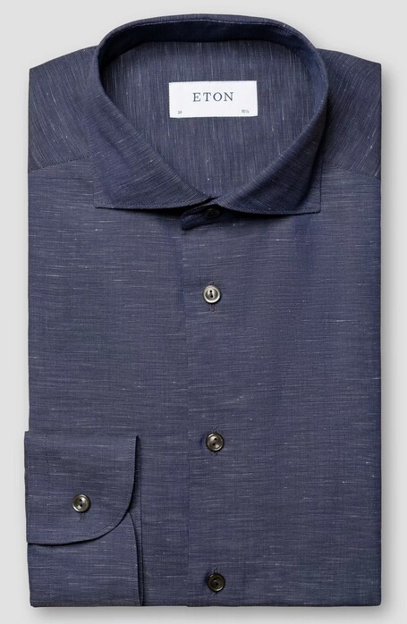Eton Cotton Linen Wide-Spread Collar Mother of Pearl Buttons Shirt Navy