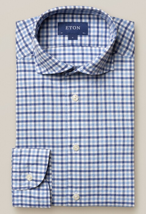 Eton Cotton Silk Duo Check Overhemd Blauw