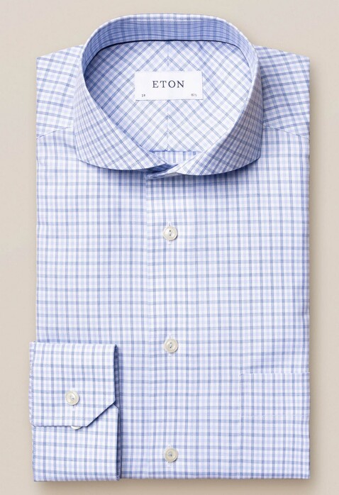 Eton Cotton Tencel Check Overhemd Licht Blauw